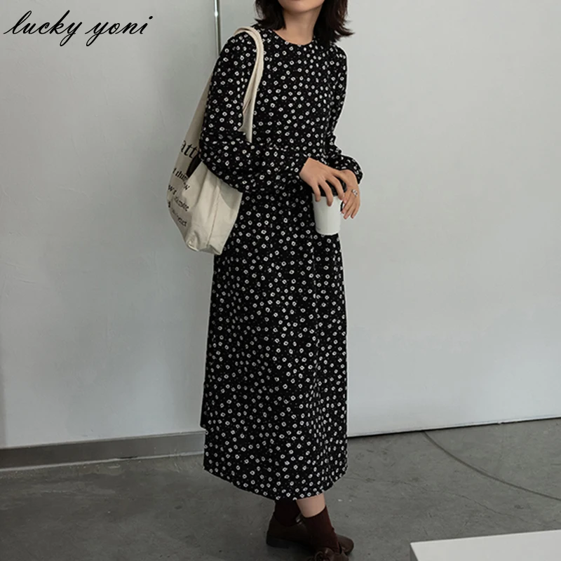 

Yoni Casual Chiffon Dresses Women Summer Elegant Soft O-neck Long Sleeve Long Dress French A Line Chic Floral Dress Female