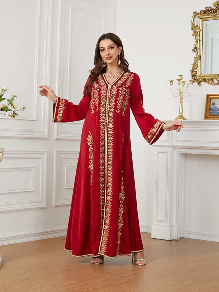 Red Kaftan Wedding Morocco Caftan Dubai Turkey Ramadan Women Long Dress Elegant Beads Dress with Belt Fashion Female Clothing