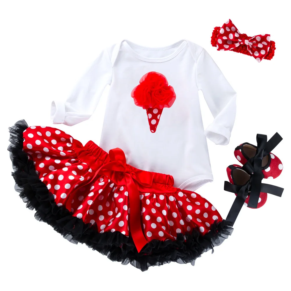 

Новинка, детская одежда, белая юбка-пачка с длинным рукавом для девочек, аксессуары с цветами, комплект из юбки в красный горошек, одежда для ...