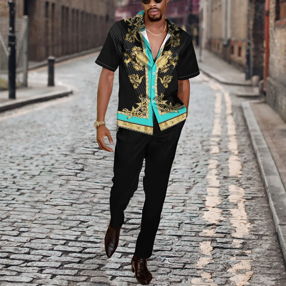 

Men Shirts Suit Short Sleeve Trousers Pants 2 Piece Set Retro Harajuku Printing Summer 2022 Fashion Male Clothing Leisure Office
