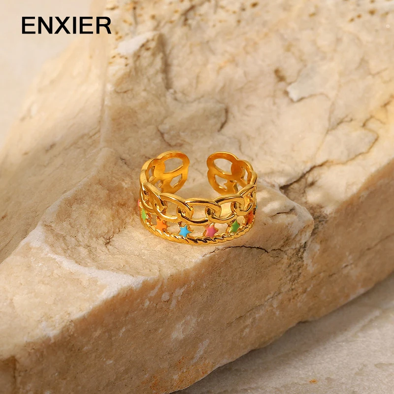 

ENXIER Fashion Colorful Star Open Adjustable Ring For Women 316L Stainless Steel Gold Color Luxury Female Ring Jewelry