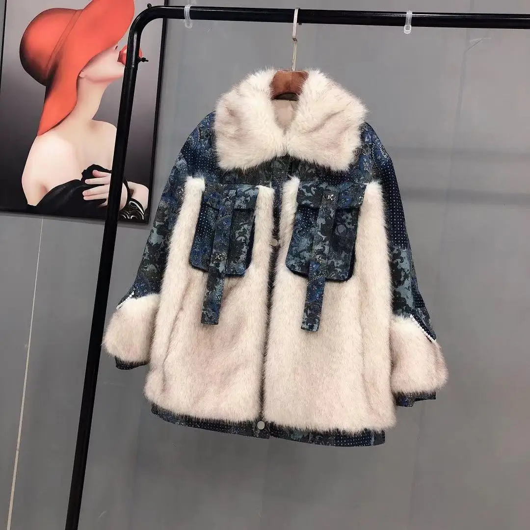 Roupas Femininas 2022 Winter Korean Fashion Woman Blue Denim Stitching Mid-length Fur  Jackets Elegant Loose Fur Overcoat Femme