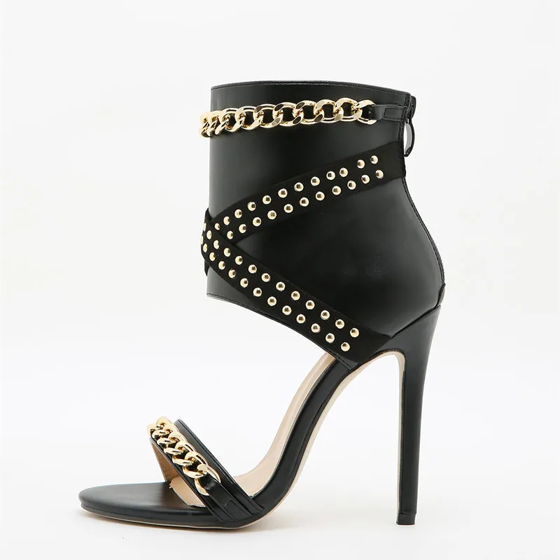 2023 New Open toe buckle Heels Ladies Summer Party High quality stilettos studded chain decorative sandals Roman cool boots