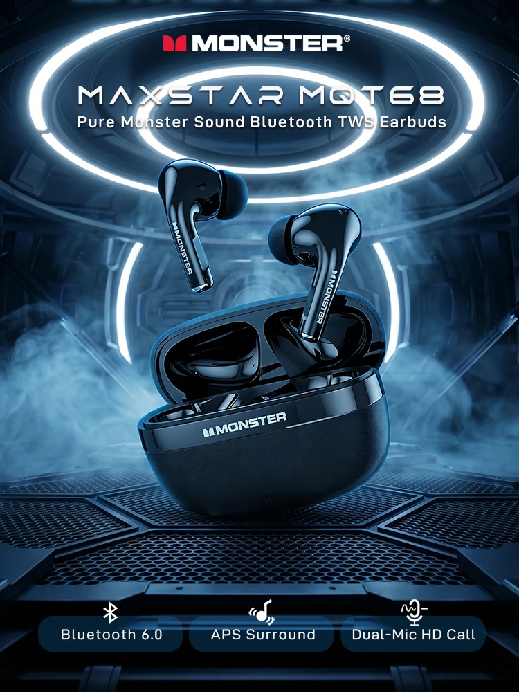 Фото Беспроводные Bluetooth-наушники Monster MQT68 6.0, беспроводные наушники TWS, спортивные Bluetooth-наушники для iPhone, Samsung, Xiaomi №1