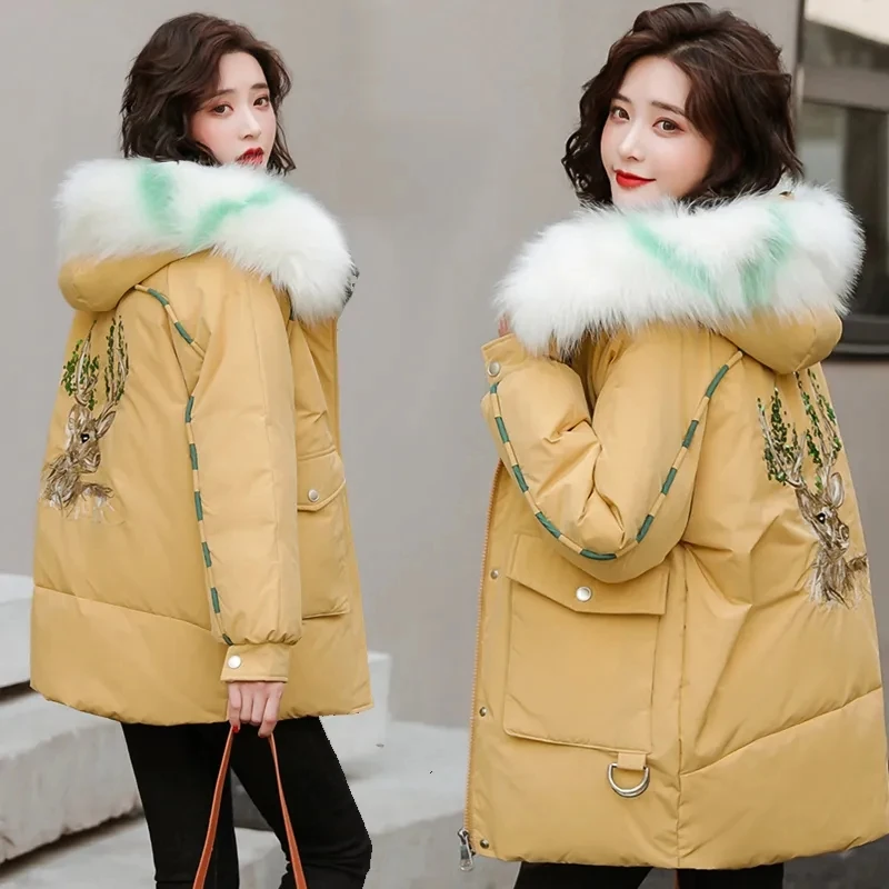 2022 Down Jacket Women Parkas Warm Thicken Deer Pattern Embroidered Loose Hooded Big Fur Collar Cotton Paded Coat Casaco Feminin