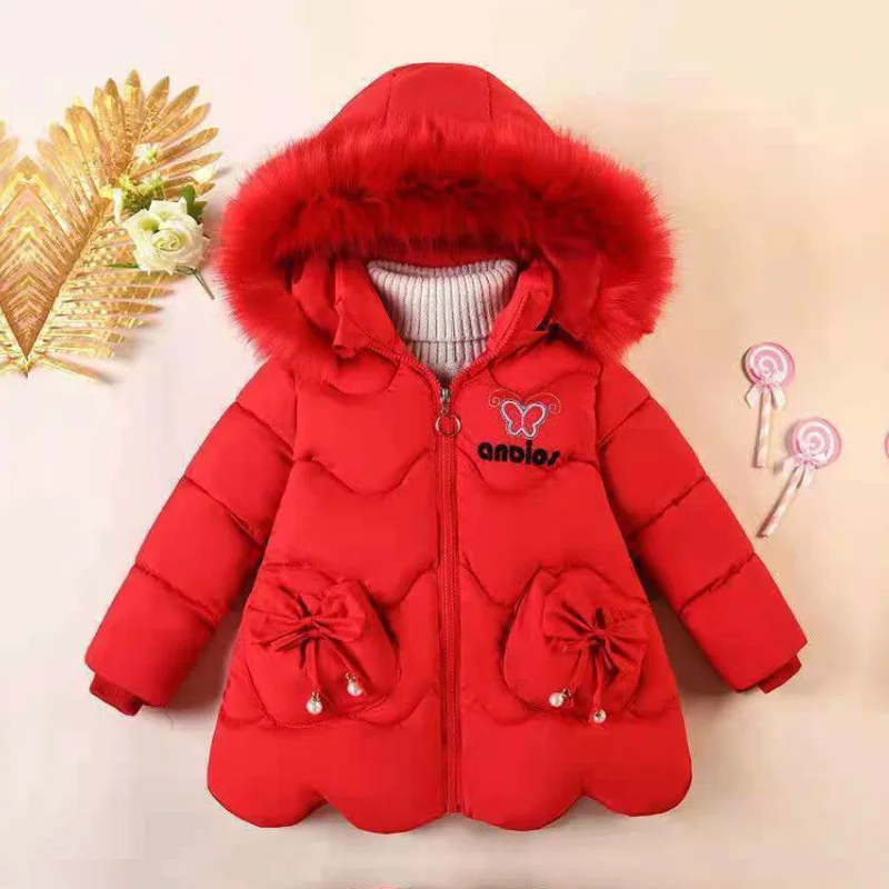 

Winter Girl's Cotton-Padded Clothes Warm Jacket Hooded Fur Collar Down overcoat Thickened 2-7 Year Old Fashion Children Garments