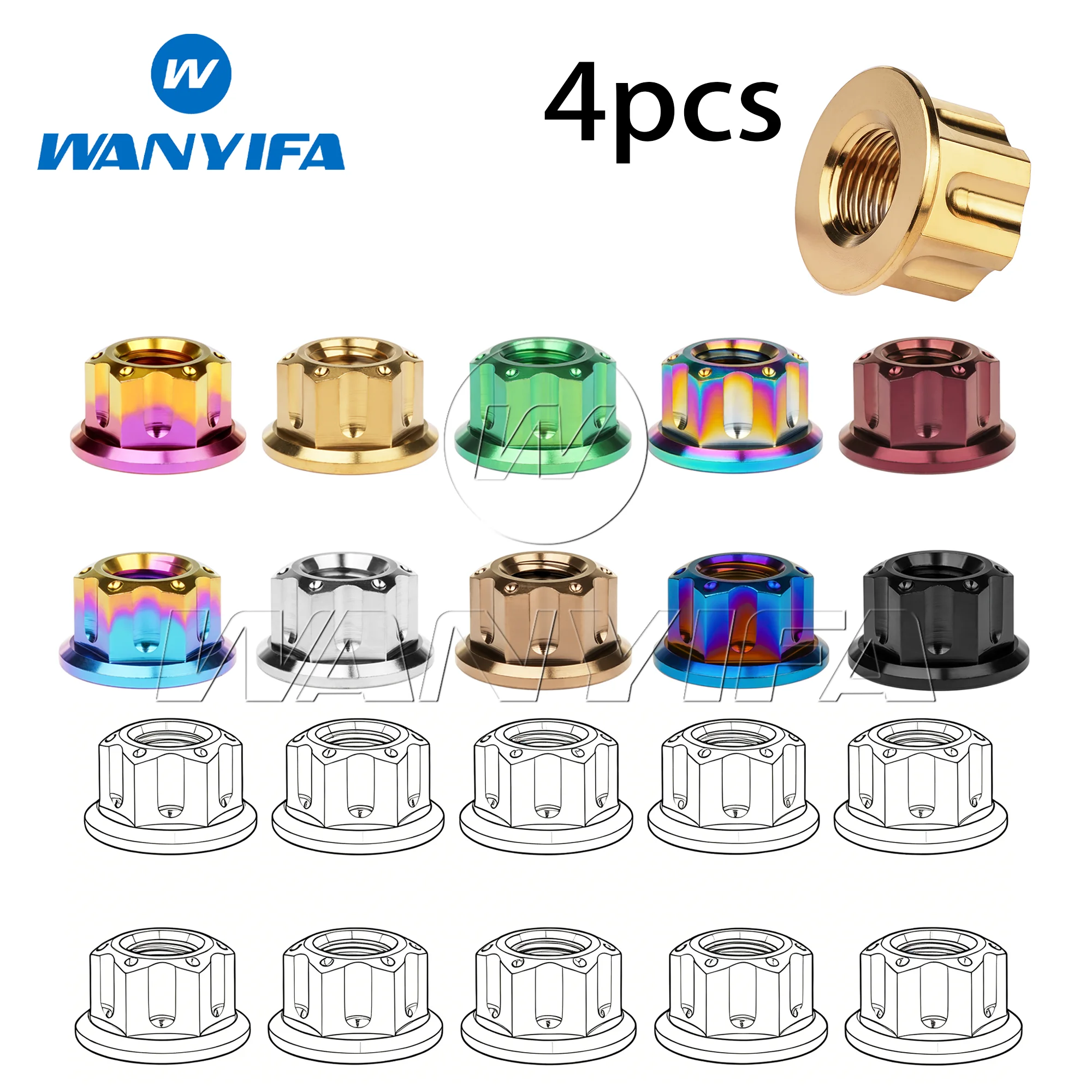 Фото Гайки из титанового сплава Wanyifa Grade 5, M6, M8, M10, M12 (шаг 1.25 мм), M14, M16 (шаг 1.5 мм), шестигранные фланцевые гайки Torx, крепеж для мотоциклов, 4 шт. №2