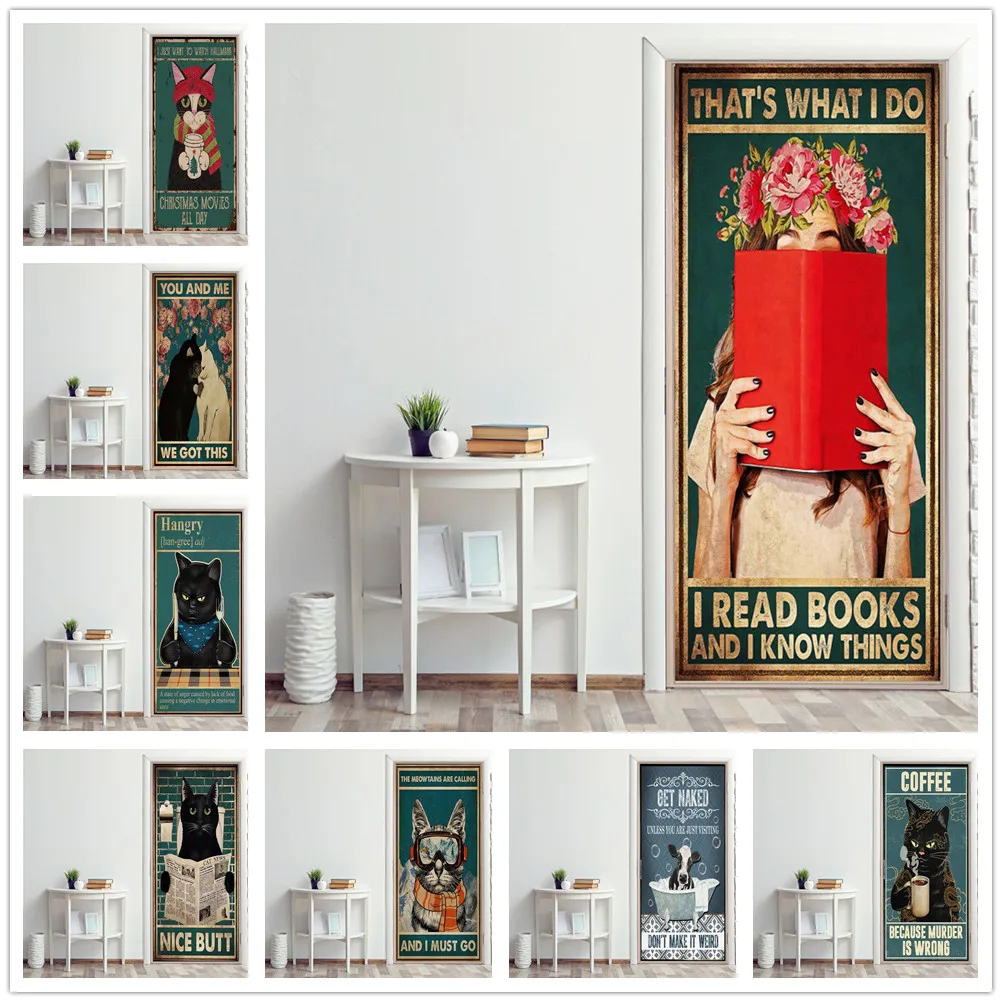 

Black Cat Girls Door Sticker Waterproof Vinyl Wallpaper Couple Cat Poster Toilet Cow Bath Murals DIY Self-Adhesive Wall Decor