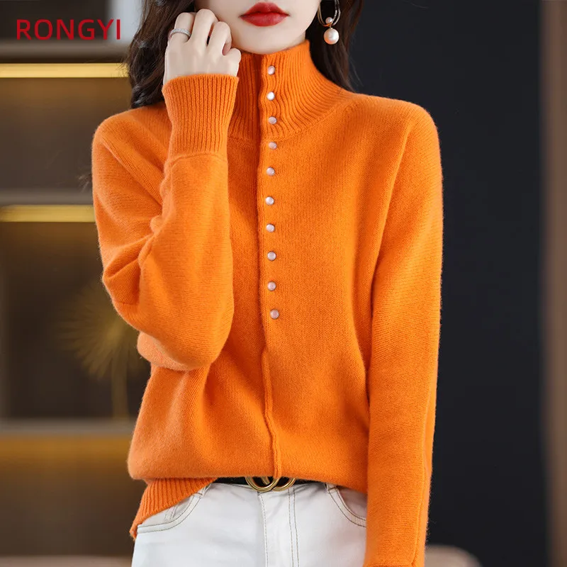 

RONGYI 100% Pure Wool Women's Clothing Large Size Turtleneck Pullover Sweater Autumn Winter New Casual Knit Tops Korean Style