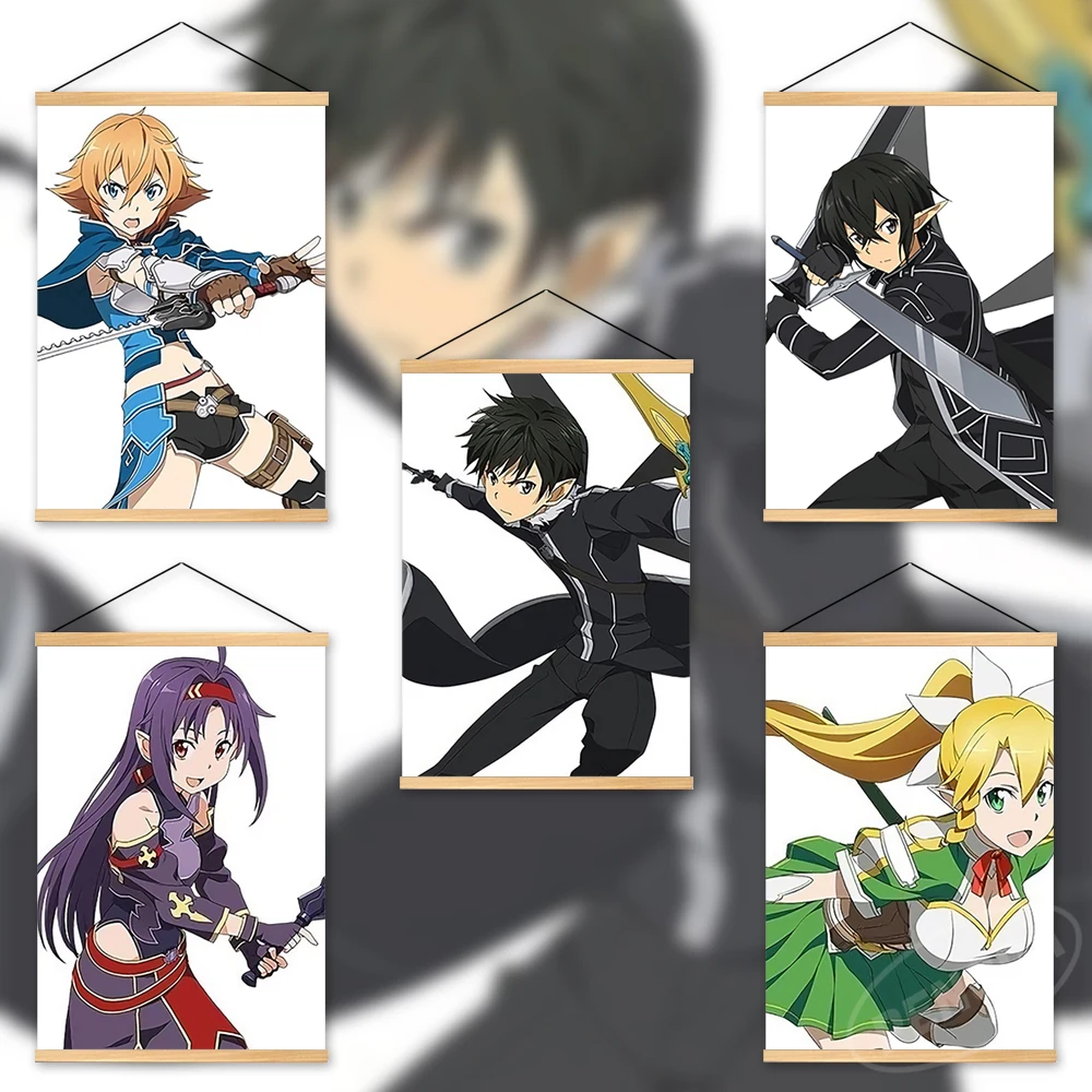 

Canvas Prints Sword Art Online Wooden Hanging Kirito Poster Wall Art Kirigaya Suguha Painting Anime Modular Pictures Home Decor