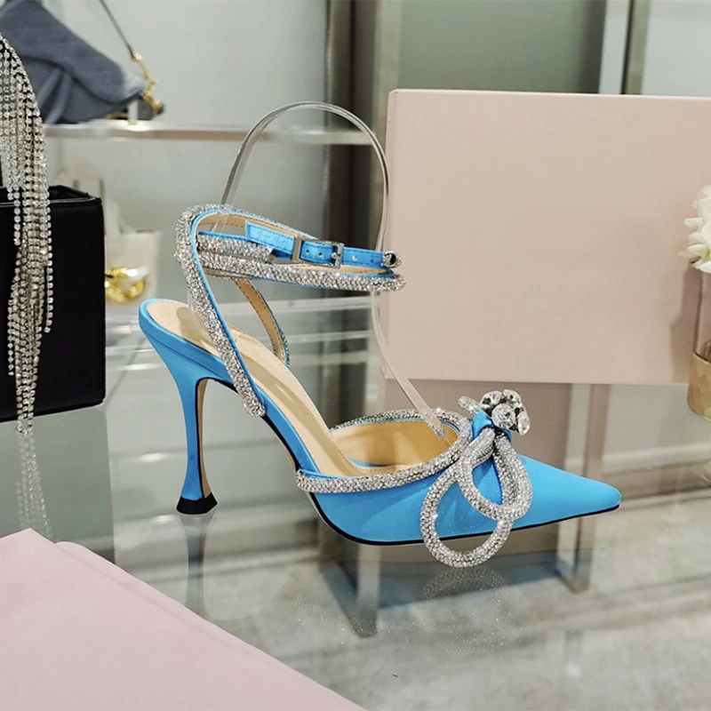 2023 Summer New Pointed Heels Rhinestone Bow Sandals Roman Straps Shoes for women's Fashion Sequin Shoes