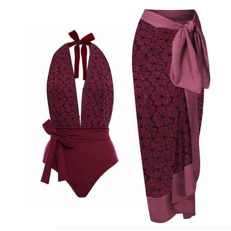 

2023 новый модный качественный комплект бикини, модный слитный купальник с принтом и лямкой на шее + пляжная юбка