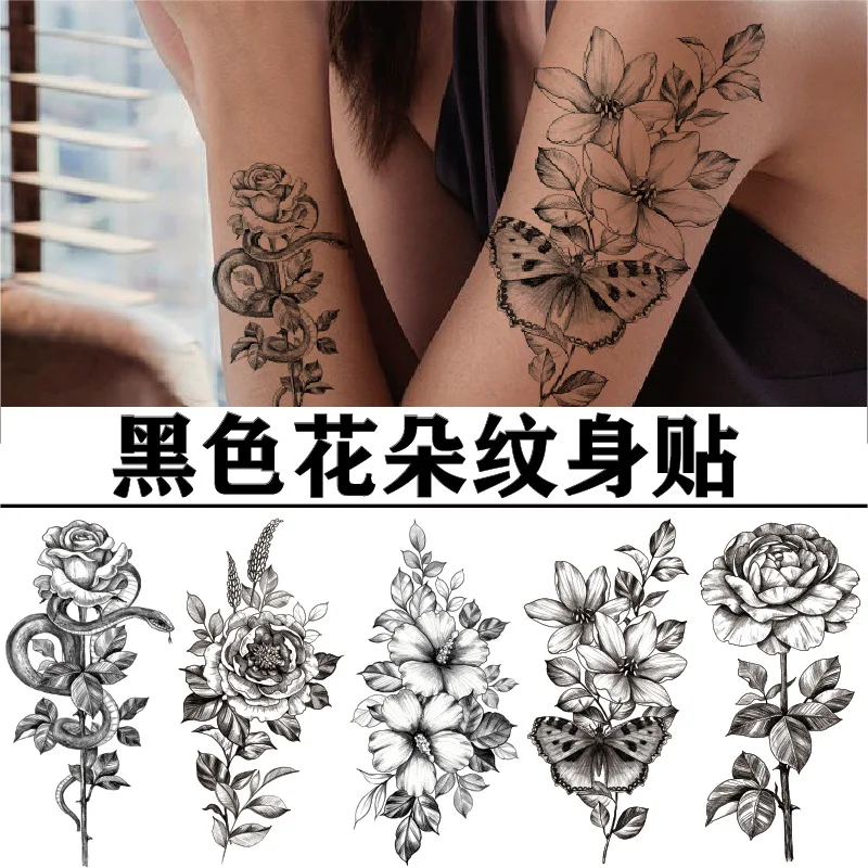 

Waterproof Disposable Fake Black Flower Black White Sketch Tattoo Feminine Sexy Party Art Body Arm Temporary Tattoo Sticker