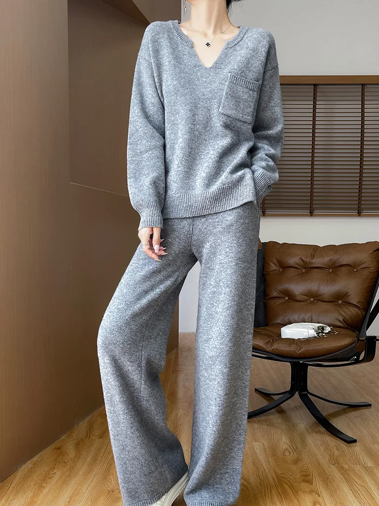 Женский свитер с карманами пуловер брюки костюм из 100% мериносовой шерсти