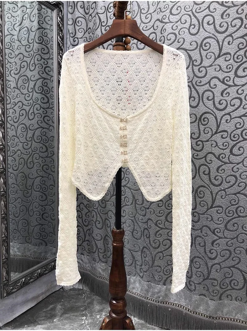 

Кружевные топы высокого качества 2023, летние модные бежевые черные топы, женские пикантные повседневные пикантные топы с V-образным вырезом, пуговицами спереди и длинным рукавом, блузка