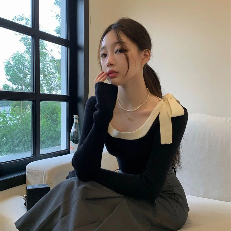 

MEXZT Vintage Slim Knit Sweater Women Elegant Bow Bandage Square Collar Pullover Office Lady Korean Splice Long Sleeve Top New