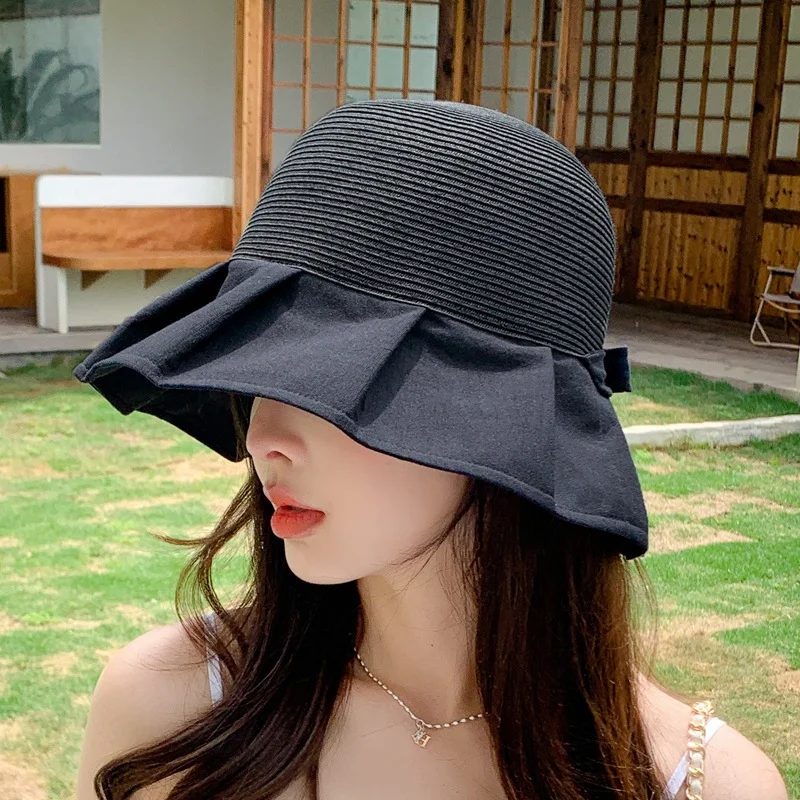 

2023 Spring and Summer New Sunscreen Hat Women Pleated Straw Versatile Big Edge Bucket Hats Vacation Bow Foldable Sun Cap Mujer