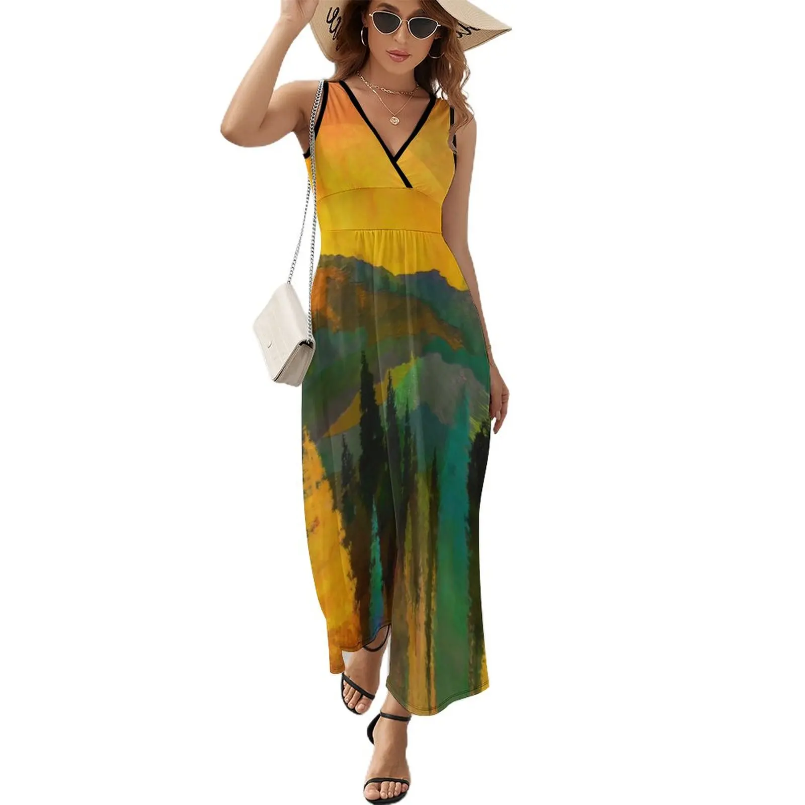 

Trees And Mountains Dress Summer Painting of Abstract Print V Neck Bohemia Long Dresses Female Sleeveless Print Beach Maxi Dress