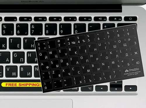 

Наклейки на клавиатуру с русской и английской раскладкой, белые буквы +