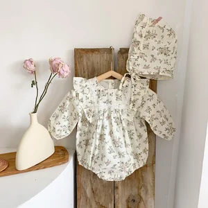 2Pcs Floral Ruffle Cute Baby Romper + Hat Set Infant Vintage Lace Long Sleeve Jumpsuit Toddler Baby  in Pakistan