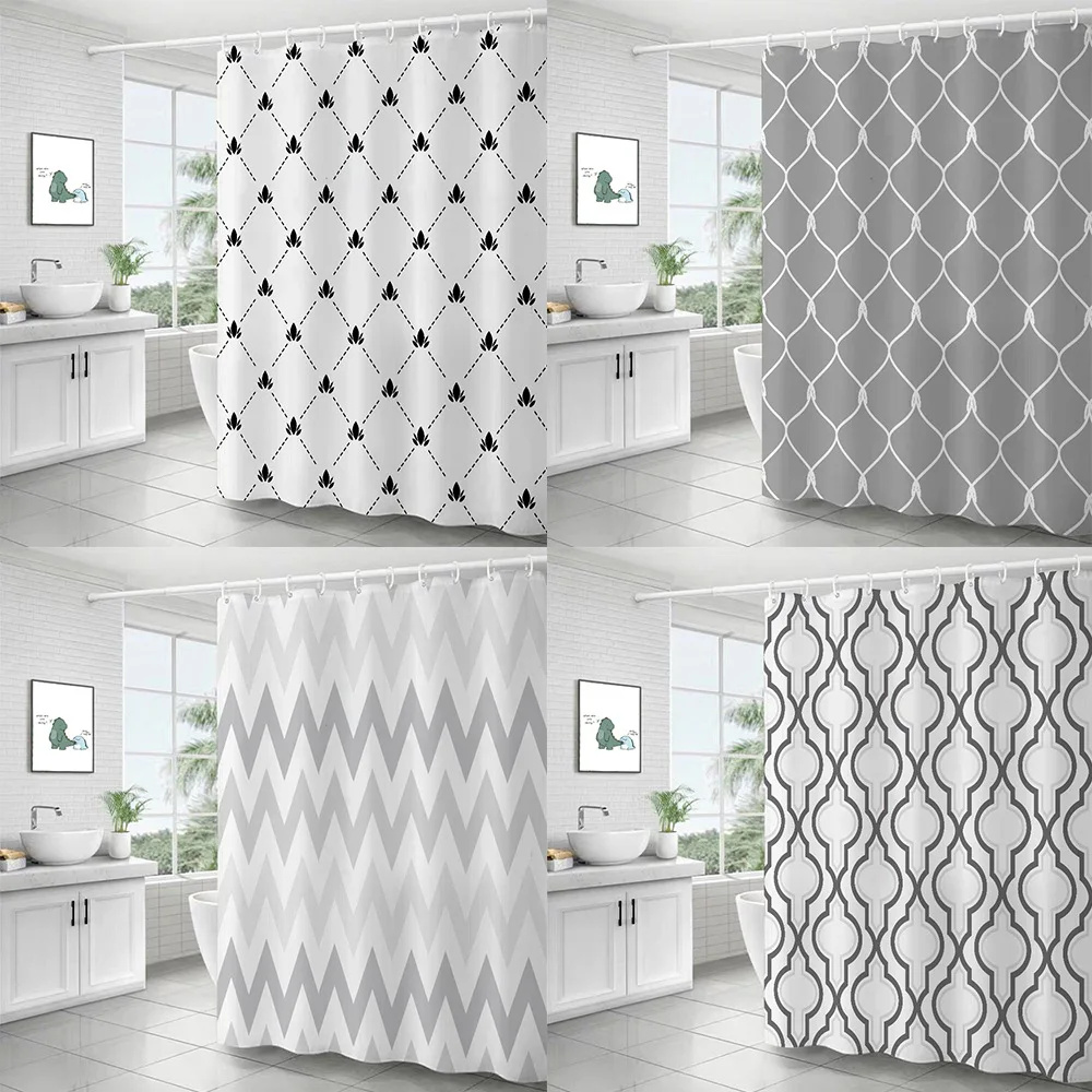 

Simple Series Toilet Partition Shower Striped Curtain with Hooks Free Punching Mildew Proof Translucent Waterproof Curtain