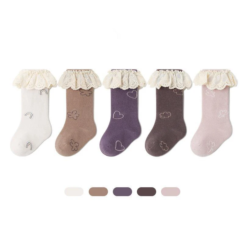 

2022 Winter New Thicken Cotton Thermal Stocking Cute Korean Heart Ruffle Lace White Stitch Calf Long Socks for Infant Baby Girls