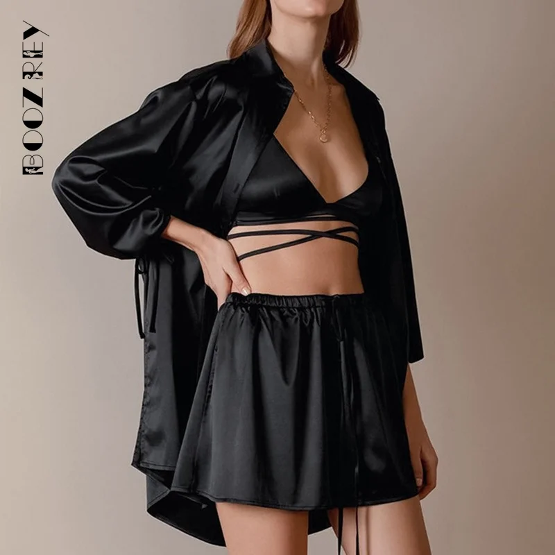 

BoozRey 2022 Autumn Sexy Bandage Underwear Design Sense Silk Satin Women's Pajamas Three-piece Women Outfit Casual Home Clothes