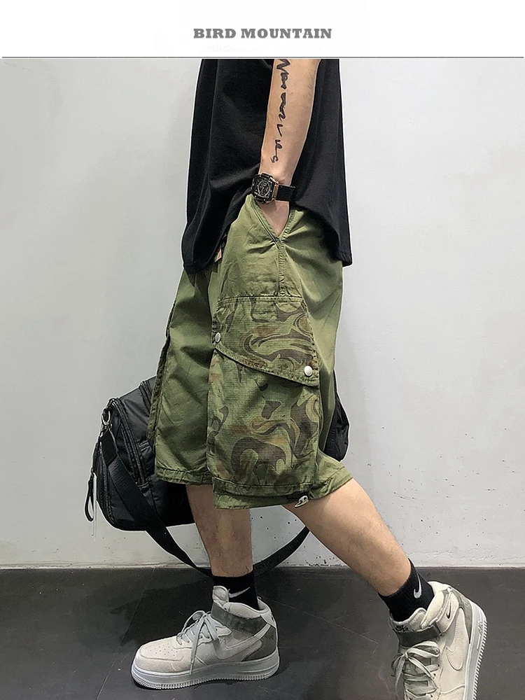 Verão americano camuflagem bolso retalhos carga shorts roupas masculinas streetwear japonês solto verde do exército calças casuais masculino