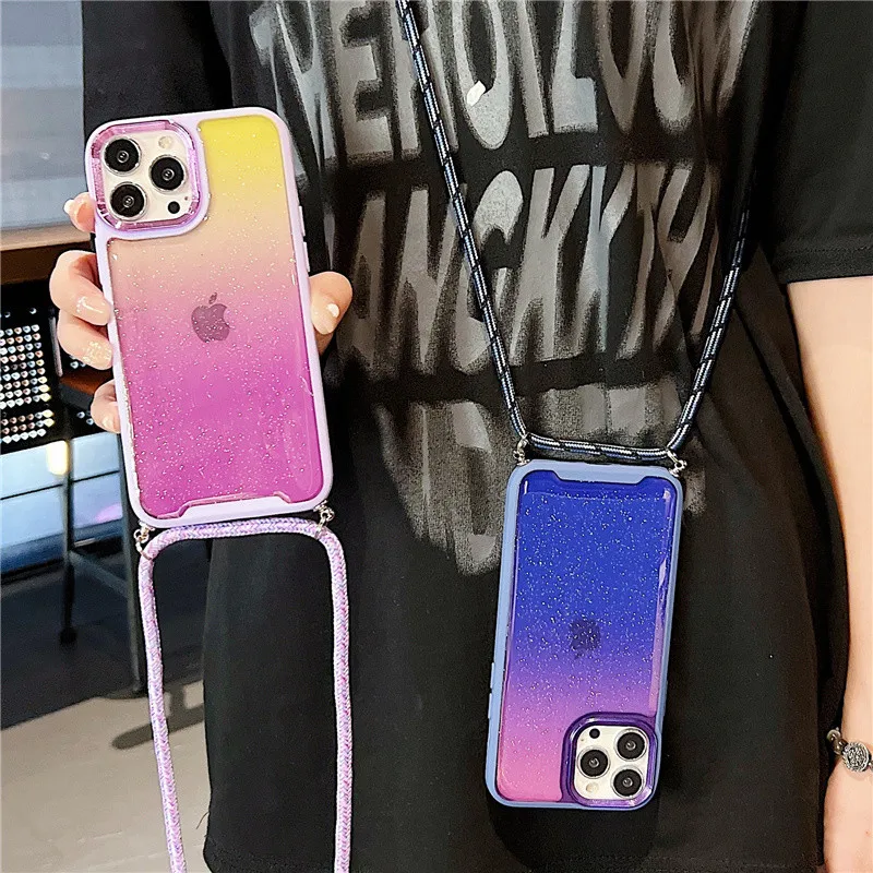

Роскошный Блестящий цветной чехол для iPhone 11 13 12 Pro Max XR X 8 7 Plus с цепочкой и шнуром для ожерелья