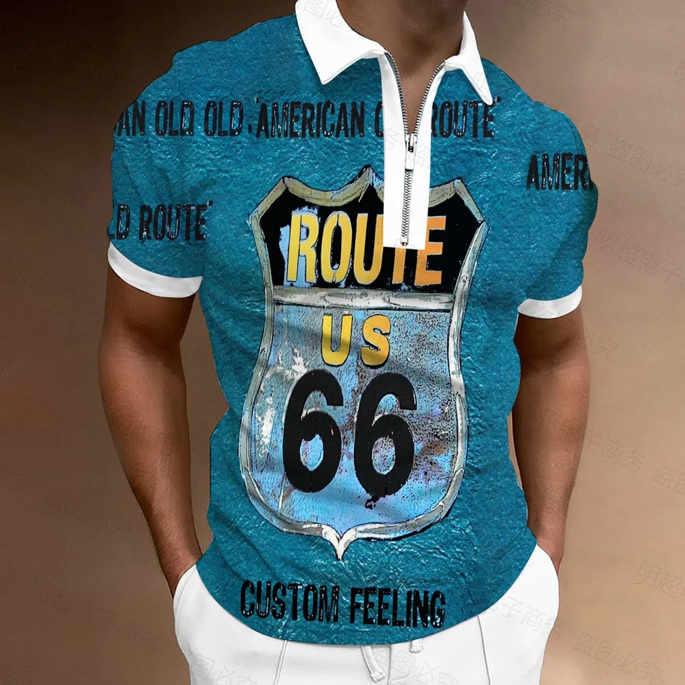 Summer men's business short sleeve polo shirt American Route 66 3D printed men's slimming high-quality lapel breathable clothing