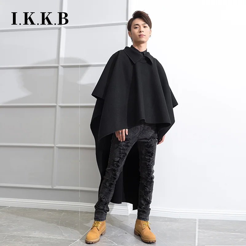 

New Trench Coat Men Front Short Back Long Over Long Paragraph Lapel Hooded Male Trend Woolen Loose Slim Shawl Cloak Overcoat
