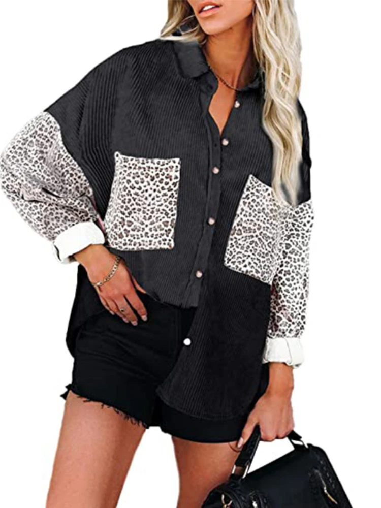 

Черная Вельветовая рубашка 2022, женская рубашка с леопардовым принтом