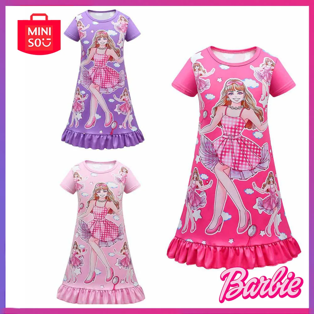 

Miniso Barbie Pink 2023 New Cartoon Printed Sweat Absorbent Home Nightdress Children Ruffled Dress for Girls Christmas Gift