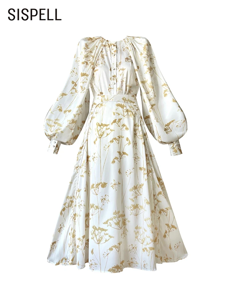 

SISPELL Print Two Piece Sets For Women O Neck Long Sleeve Tops High Waist Fold A Line Skirts Slim Set Female Summer Fashion New