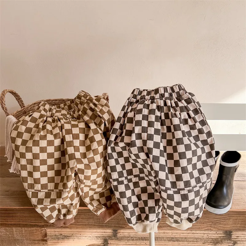 

Брюки-шаровары детские клетчатые с эластичным поясом, хлопковые свободные штаны в стиле пэчворк, на весну