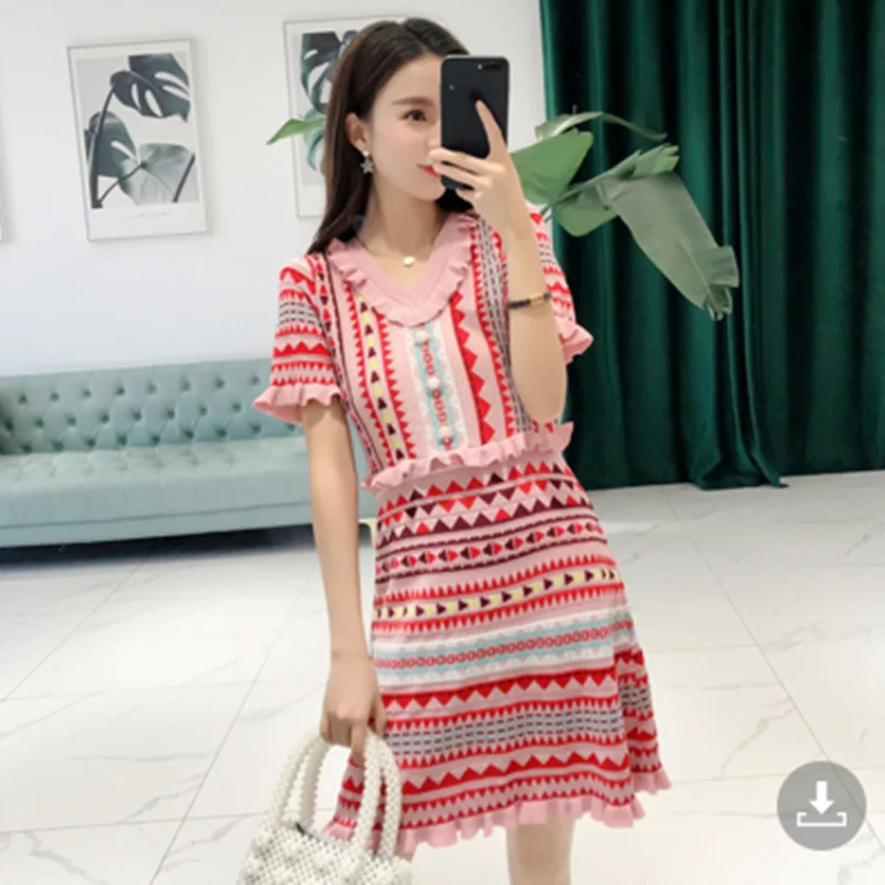 

BULOCHOVA New Fashion Knitted Women O Neck Short Sleeve Ruffles Knee Length Dress Summer High Waist Print Striped Vestido Female