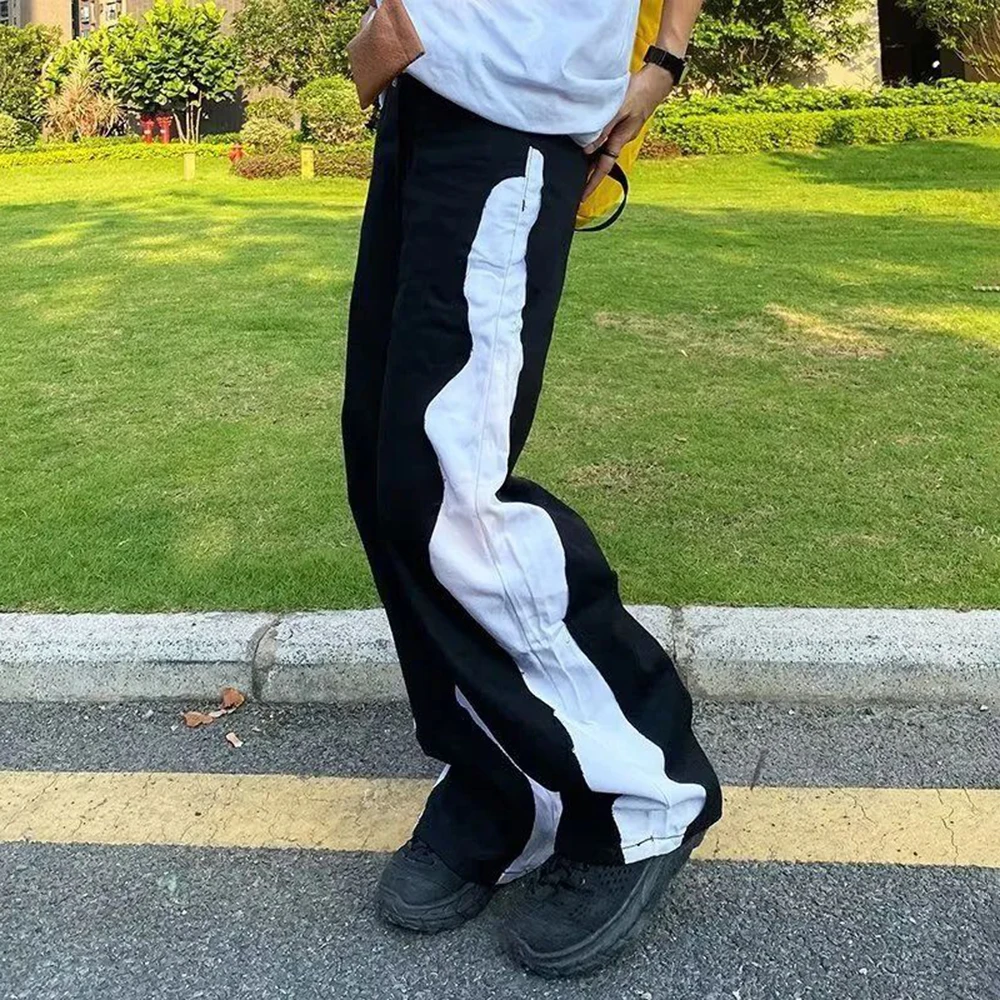 American Style High Street Trendy Brand Patch Design Jeans Men National Tide Loose Straight Leg Contrast Color Wide Leg Trousers