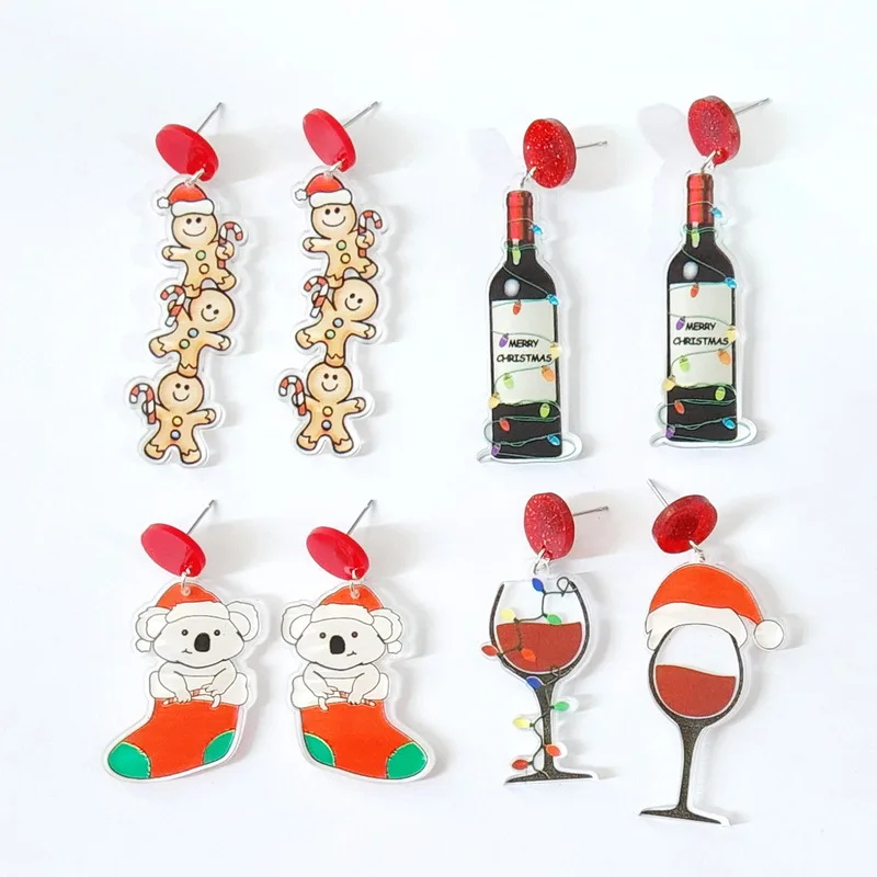 

Merry Christmas Series Laser Cut Acrylic Earrings Jewelry for Women Gingerbread/Wine Bottle/Winter Mitten Xmas CUTE Decoration