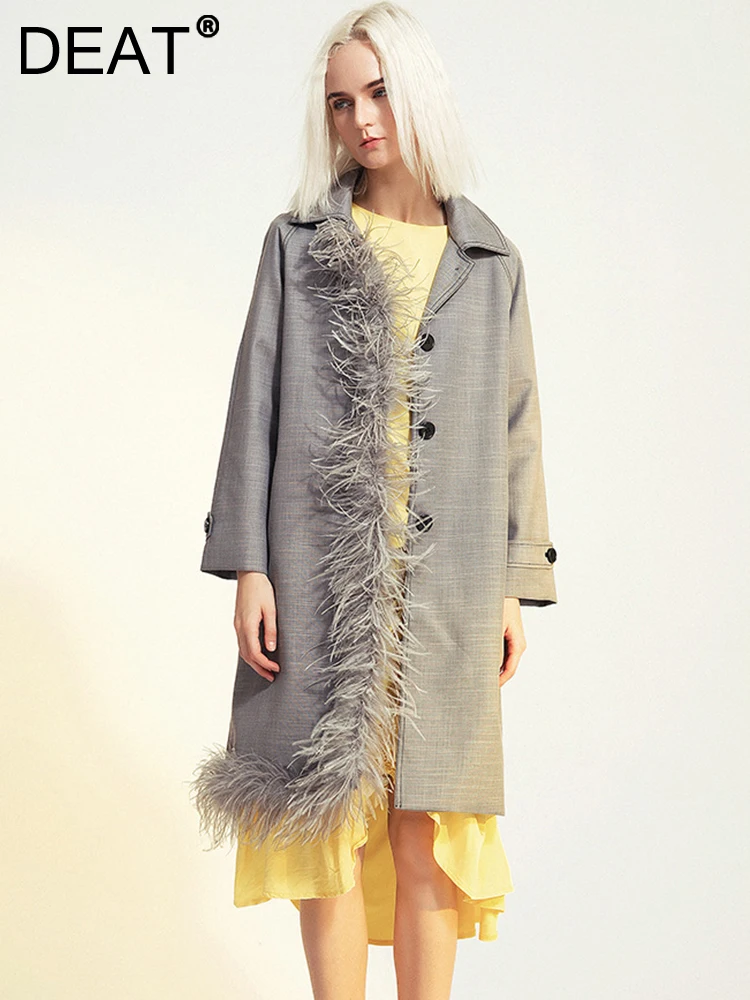 

DEAT Fashion Women's Trench Lapel Single Breasted Removable Feather Pockets Gray Plaid Windbreak Autumn 2023 New Tide 17A9929