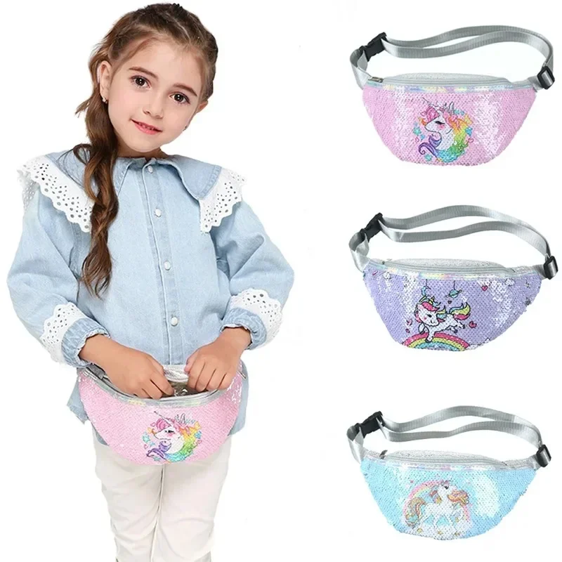 

Cartoon Unicorn Waist Bag For Women/Girl Sequins Print Fashion Fanny Pack Children'S Shoulder Belt Bags Glitter Kids Phone Pouch