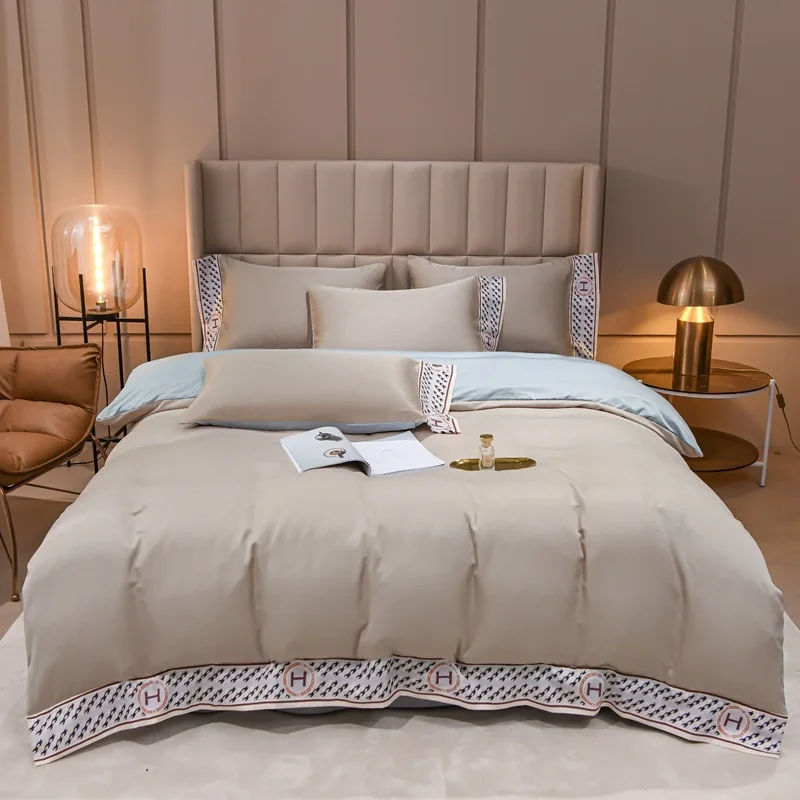 

Новый Шелковый Комплект постельного белья с вышивкой, 4 шт., Европейский роскошный изысканный Гладкий летний высококачественный Комплект п...