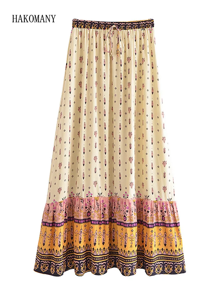 

Женская Праздничная юбка в стиле бохо, Бежевая длинная юбка с цветочным принтом, драпировкой и бантом на резинке, оборками на подоле, 2023