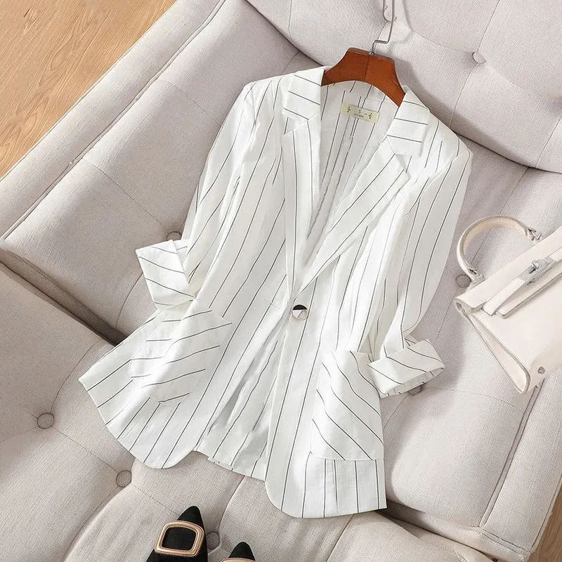 

Suit Jacket Women's Clothing 2022 Spring Summer New Striped thin section Three-quarter Sleeve Slim Blazers Coats Lady Tops jp73