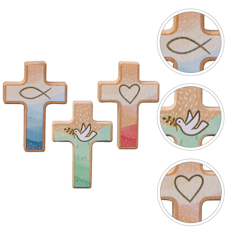 

3 Pcs Cross Ornament House Ornaments Mini Desktop Cross Gift Hand Carved Cross Wooden Home Cross Decor Office