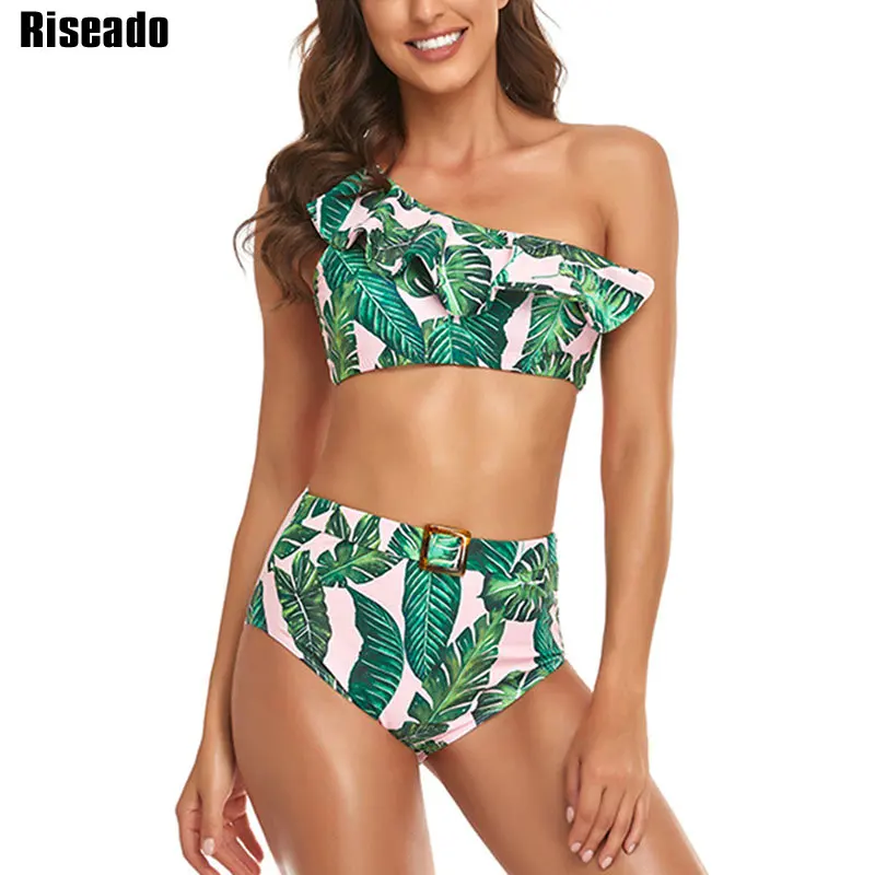 

Riseado One Shoulder Bikinis Set High Waist Woman Swimsuit Leaf Print Swimwear Women 2022 Ruffle Bathing Suit Belted Biguini New