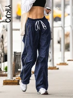 yikuo blue side striped sweatpants y2k women baggy casual trousers pants pockets tie up elestic waist sporty joggers streetwear
