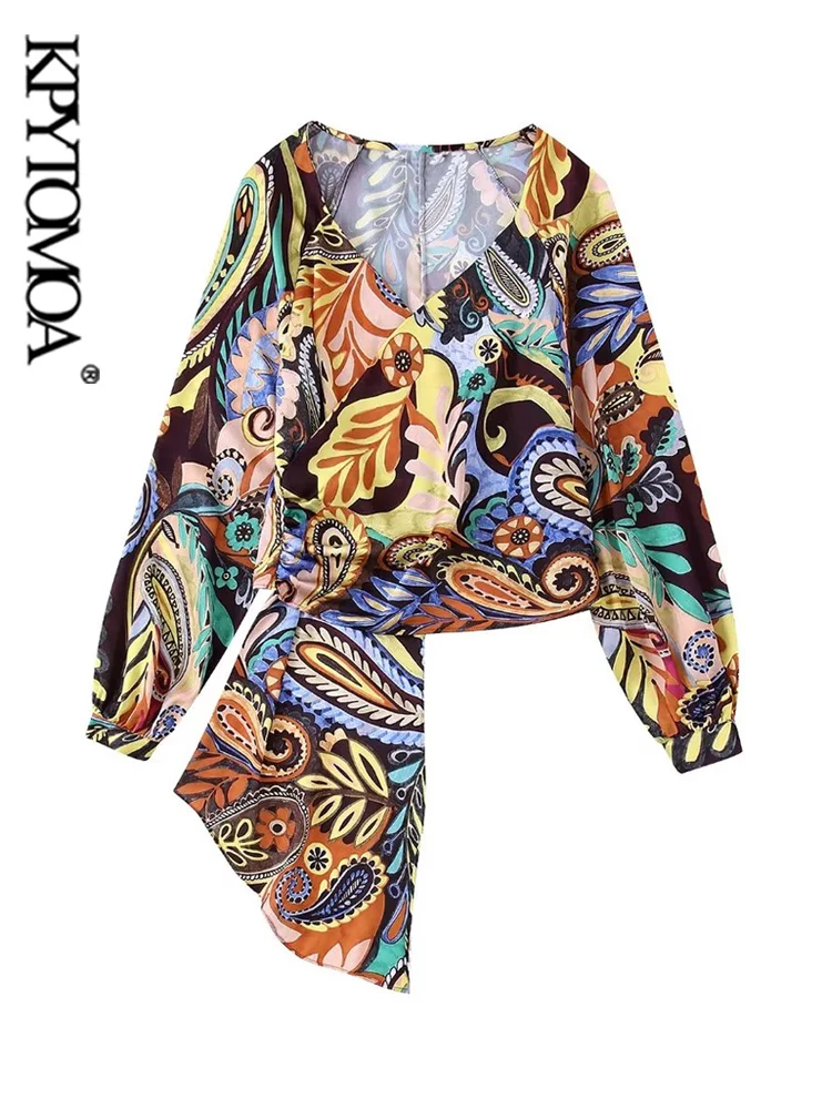 

KPYTOMOA Women Fashion Side Gathered Printed Crossover Blouses Vintage V Neck Long Sleeve Female Shirts Blusas Chic Tops