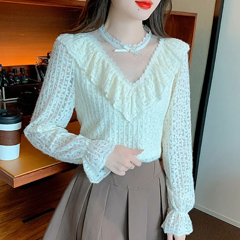 Новая женская блузка с длинным рукавом и круглым вырезом кружевные оборки