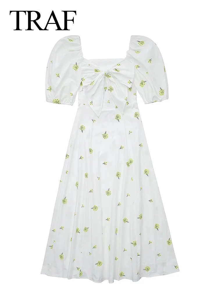 

TRAF Fresh Dandelion Embroidered Puff Sleeve Lady Dress Elegant Square Neck Back Elastic Loose Big Bow Long Women's Dress