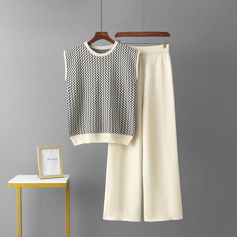 Женский Летний Жаккардовый Трикотажный Комплект Из 2 Предметов Свободный Топ Без